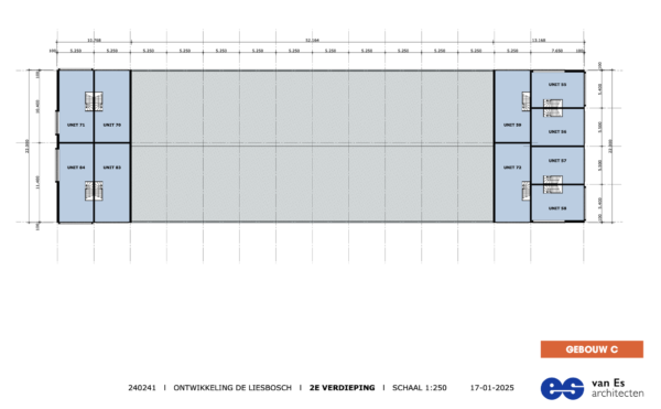 Plattegrond van de tweede verdieping van Gebouw C in ontwikkeling De Liesbosch met diverse units en afmetingen.